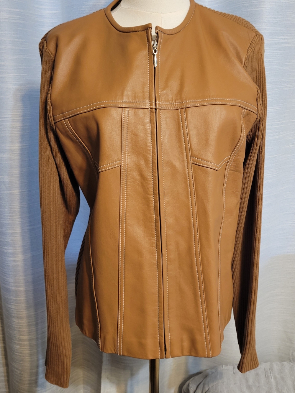 Womens Chic Tan Leather Zip Top with Rib-Knit Sleeves